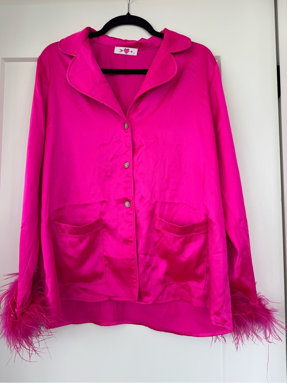 Hot Pink Satin Feather-Trim Button Front Top
